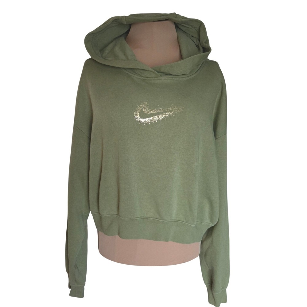 Nike Sportswear Essential Fleece Cropped Hoodie Olive Green Glitter Swoosh M